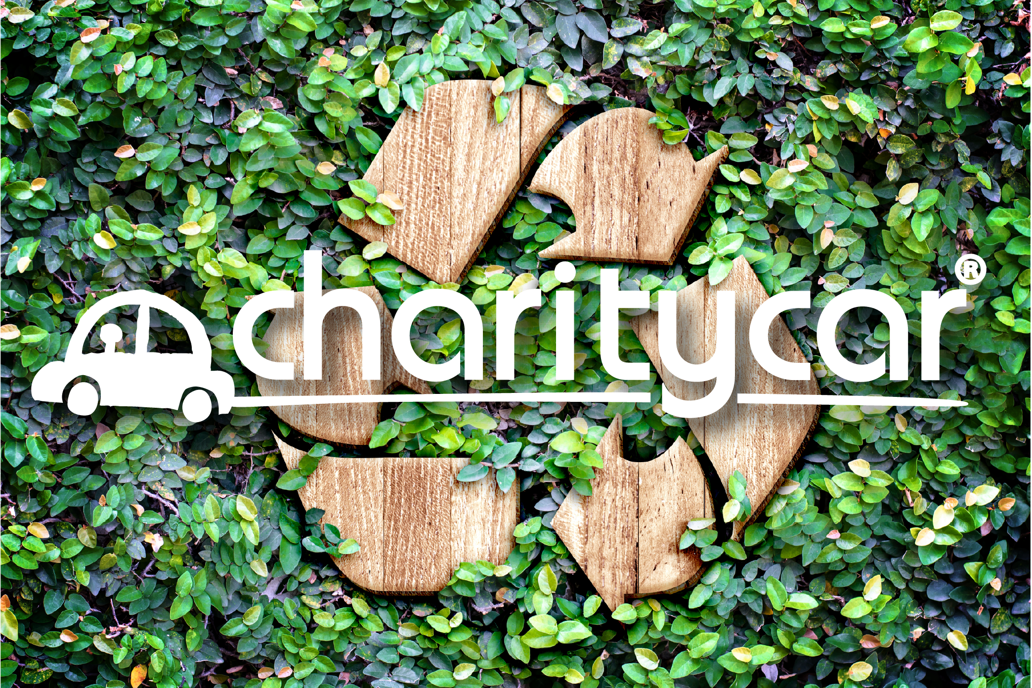 White Charity Car logo over background of leaves and a wooden recycling symbol