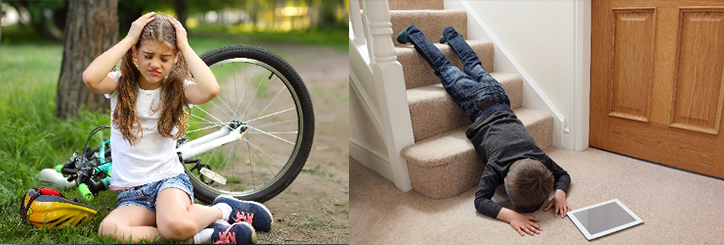 Photo of a girl who has fallen off a bike and a boy who has fallen down some stairs
