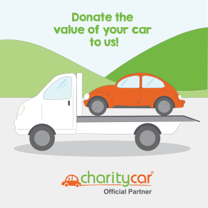 Graphic of an orange car on a truck being driven away, in the background are hills and blue sky. The text reads Donate the value of your car to us. 