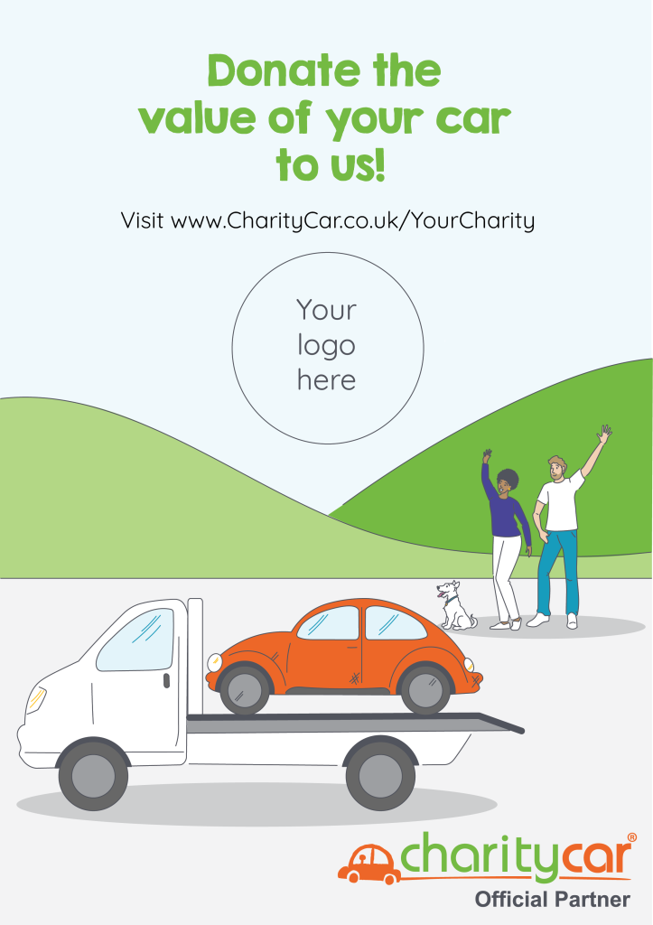 Graphic of an orange car on a truck being driven away, in the foreground is a person with their arm in the air, behind them are hills and blue sky. The text reads Donate the value of your car to us.