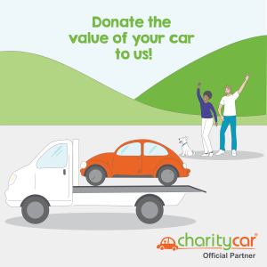 Graphic of an orange car on a truck being driven away, in the background are people waving and a dog sat behind them are hills and blue sky. The text reads Donate the value of your car to us. 