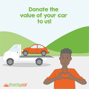Graphic of an orange car on a truck being driven away, in the foreground is a person making a heart symbol with their hands, behind them are hills and blue sky. The text reads Donate the value of your car to us.