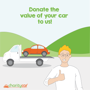 Graphic of an orange car on a truck being driven away, in the foreground is a person with a thumb up, behind them are hills and blue sky. The text reads Donate the value of your car to us.