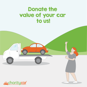 Graphic of an orange car on a truck being driven away, in the foreground is a person with their arm in the air, behind them are hills and blue sky. The text reads Donate the value of your car to us.