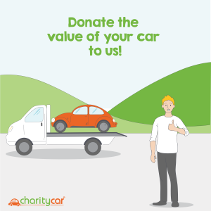 Graphic of an orange car on a truck being driven away, in the foreground is a person with a thumb up, behind them are hills and blue sky. The text reads Donate the value of your car to us.