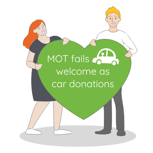Graphic of people holding heart saying MOT fails are welcome as car donations
